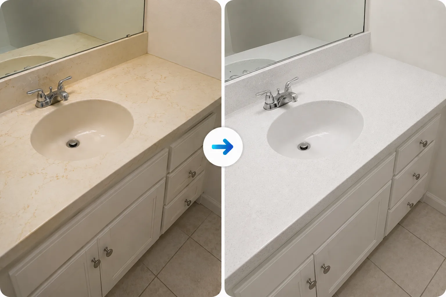 Countertop refinishing before and after by BathMasters on the Gulf Coast