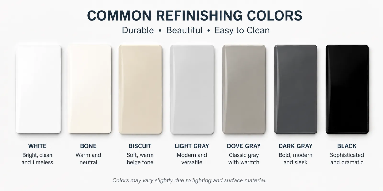 Bathtub and tile refinishing color options available from BathMasters on the Gulf Coast